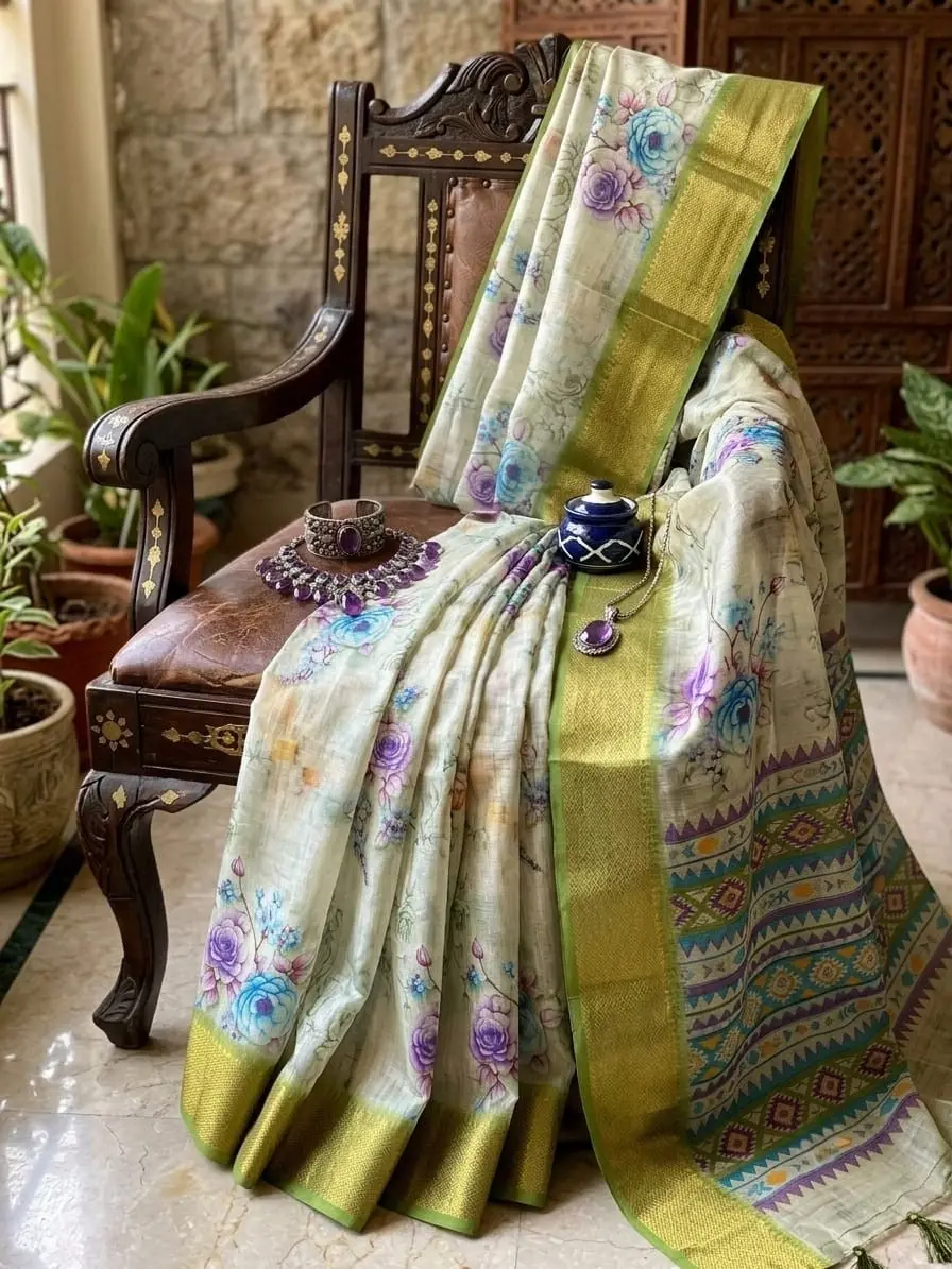 Olive Green Digital Dola Border Work Soft Silk Saree